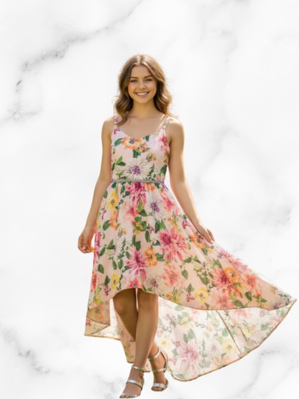 Girls Rare Edition size 10 beautiful flour dress with a gorgeous build-in belt